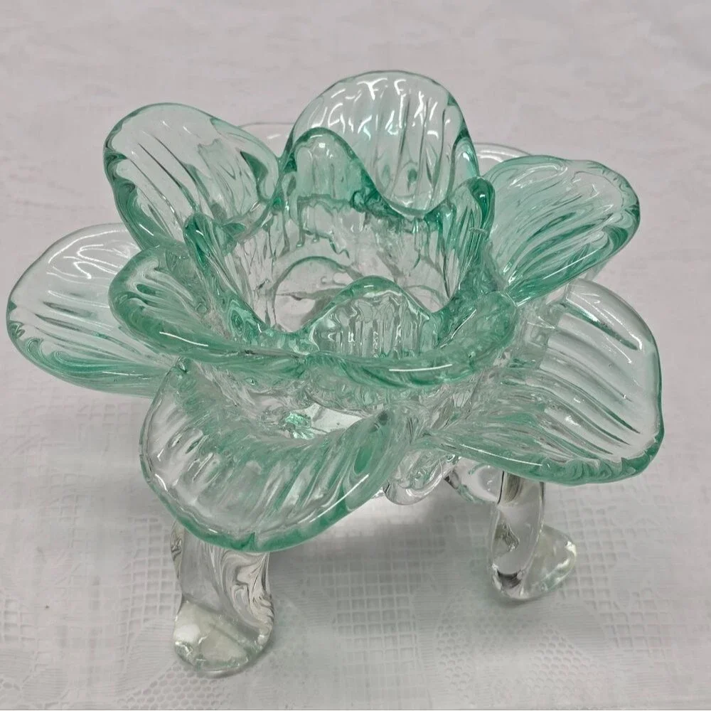 Vintage Teal Recycled Glass Footed Lotus Flower Candle Holder Art Deco Boho
